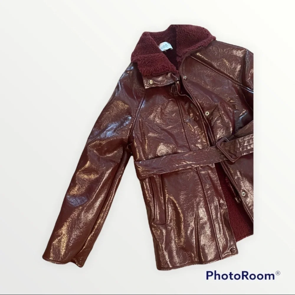 NEW J.O.A. x REVOLVE Red Patent Leather Belted Fleece Lined Jacket, Size XS - Picture 7 of 8